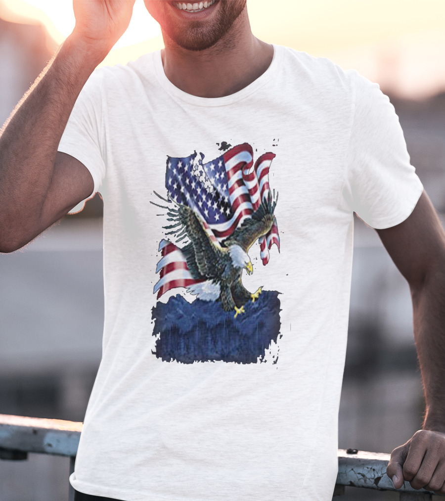 Bald Eagle Over Mountains With American Flag Background T-Shirt