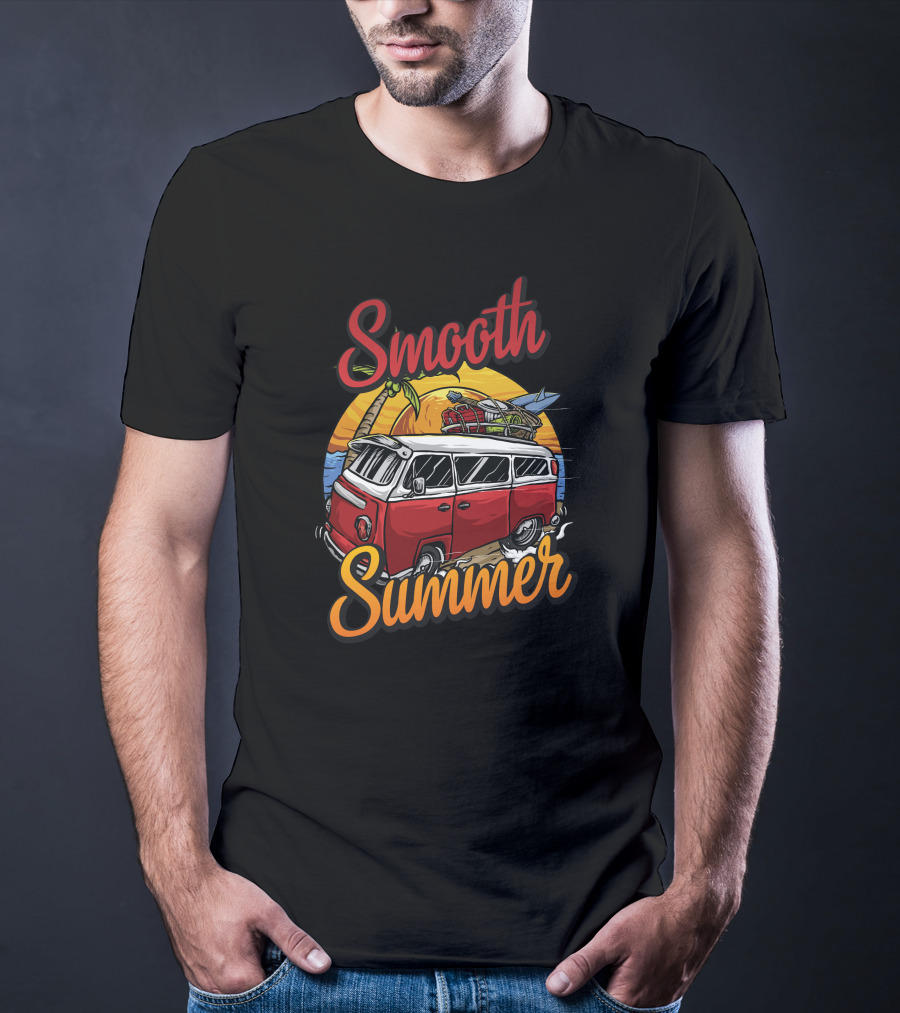 Smooth Summer Vintage Surf Van Adventure With Palm Trees And Sunset T-Shirt