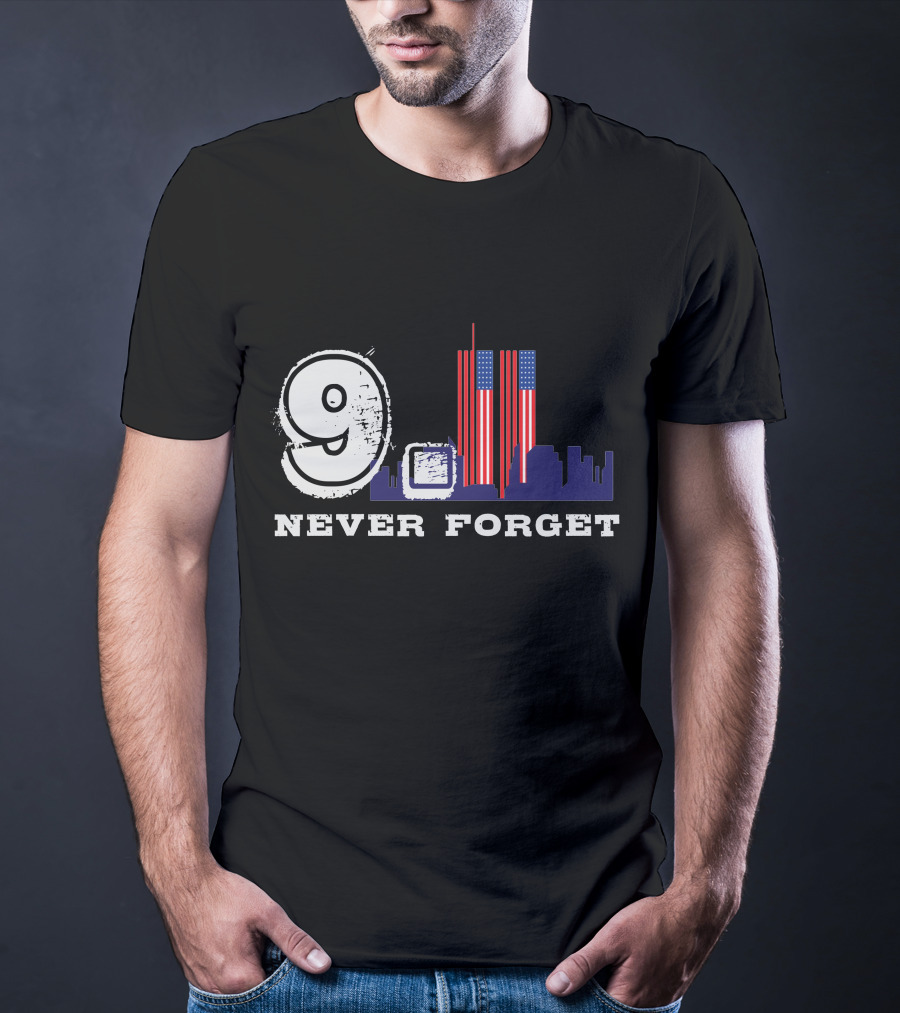 9 Never Forget Twin Towers Skyline American Flag T-Shirt