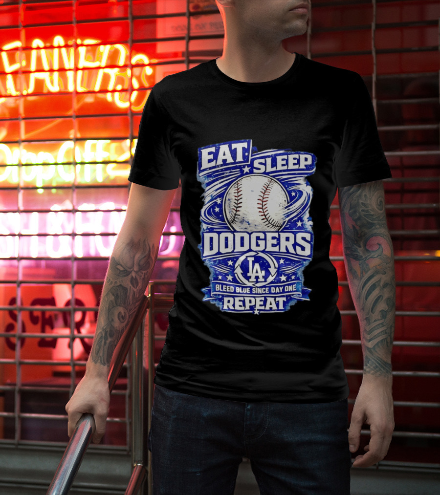 Eat Sleep Dodgers Bleed Blue Since Day One Repeat Baseball LA Team T-Shirt