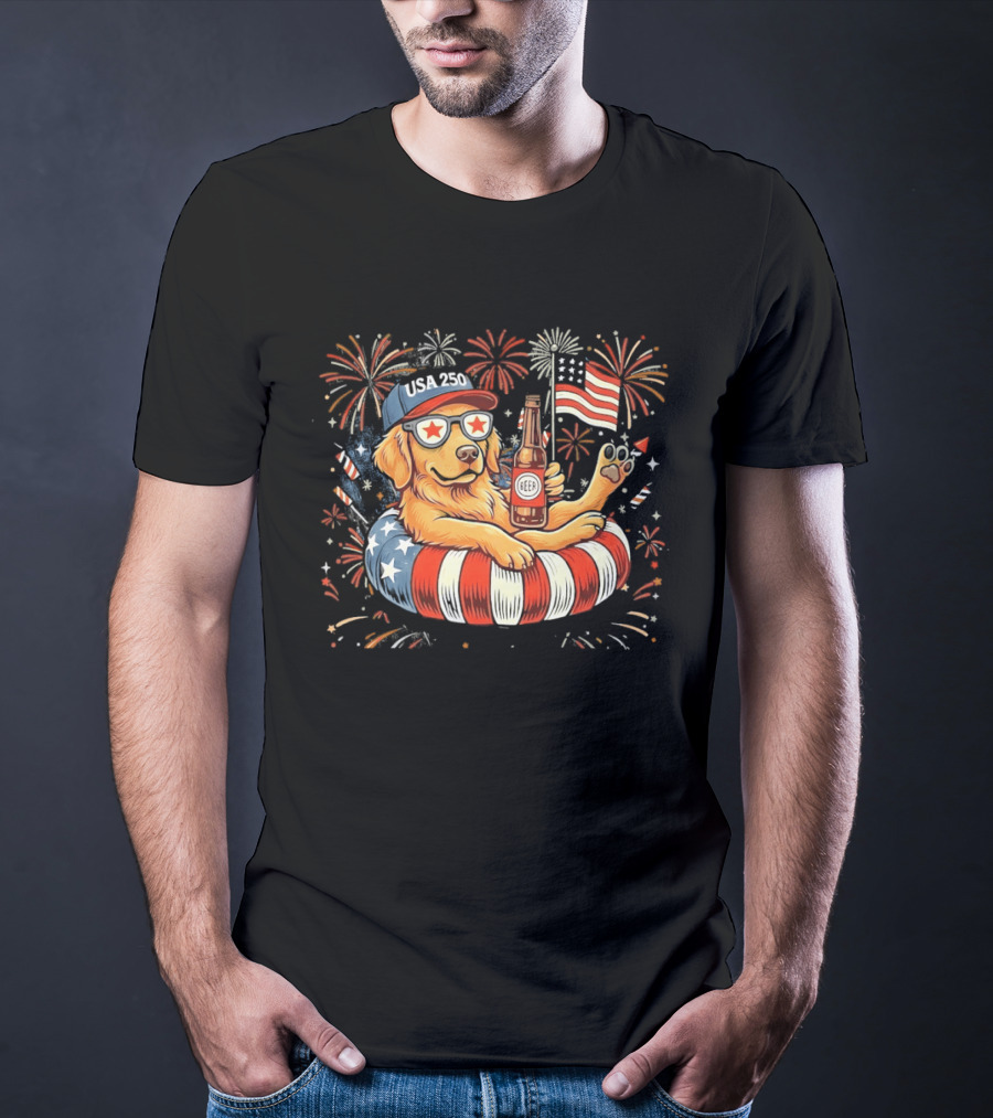 Golden Retriever Beer USA 250 Fireworks American Flag 4th Of July T-Shirt