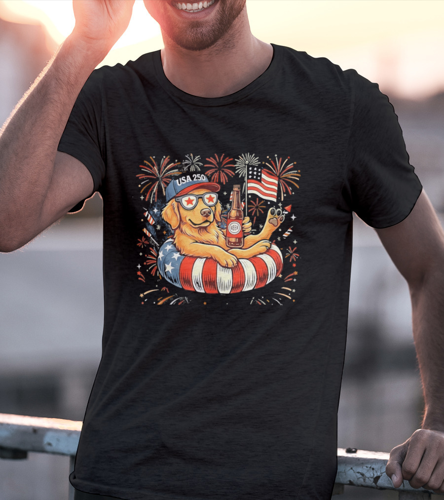 Golden Retriever Beer USA 250 Fireworks American Flag 4th Of July T-Shirt