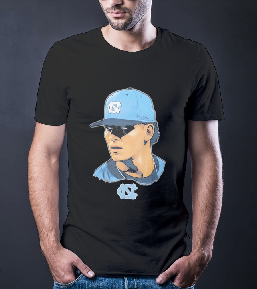 UNC Tar Heels Baseball Portrait Comic Style Navy Blue Cap T-Shirt
