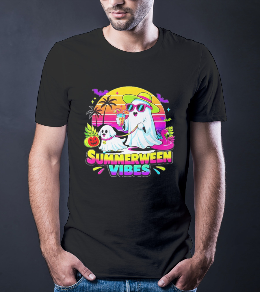 Summerween Vibes Ghost Walking Dog Retro Sunset Tropical Beach Party T-Shirt