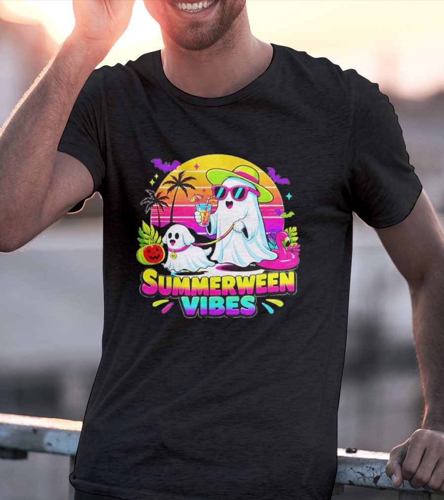 Summerween Vibes Ghost Walking Dog Retro Sunset Tropical Beach Party T-Shirt