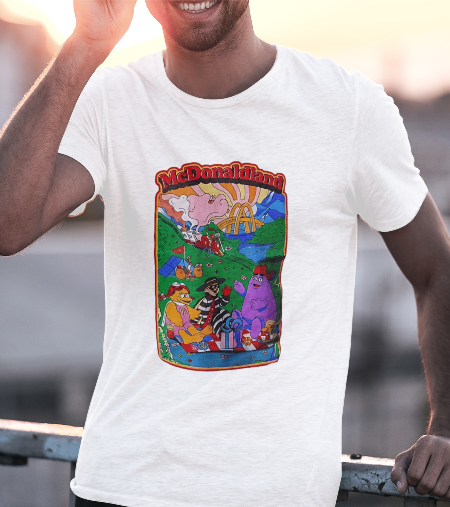 McDonaldland Hamburglar Grimace Birdie Picnic Train Scene T-Shirt