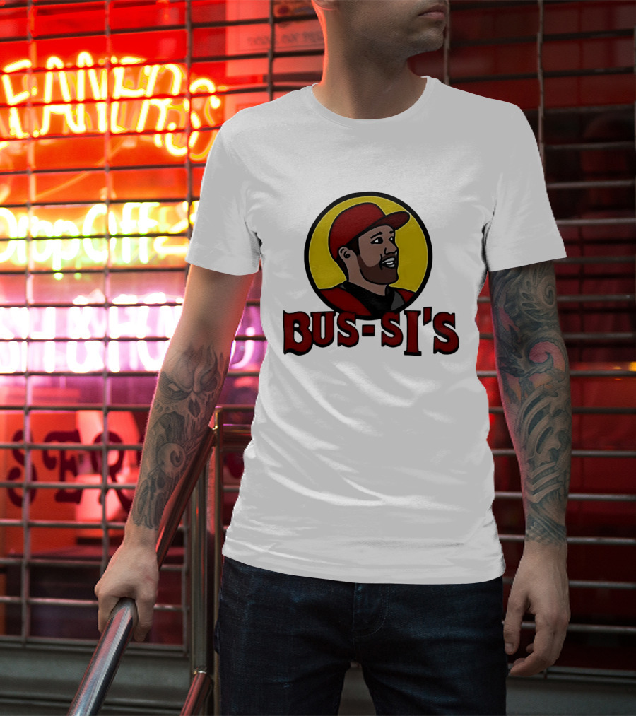 Bus Si's Baseball Player Cartoon Logo Design White T-Shirt