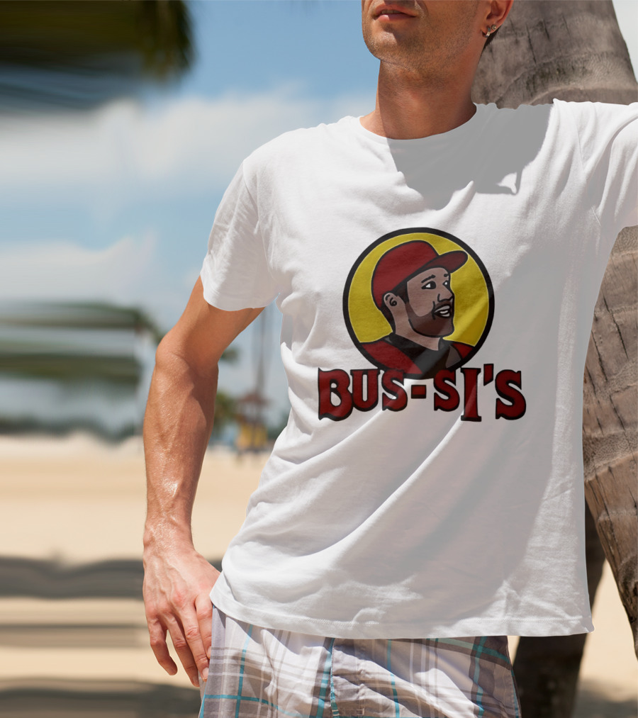 Bus Si's Baseball Player Cartoon Logo Design White T-Shirt