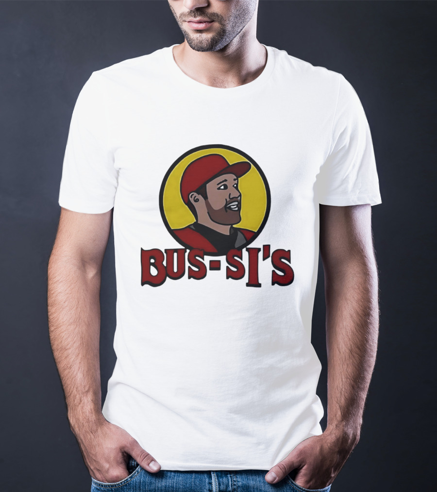Bus Si's Baseball Player Cartoon Logo Design White T-Shirt