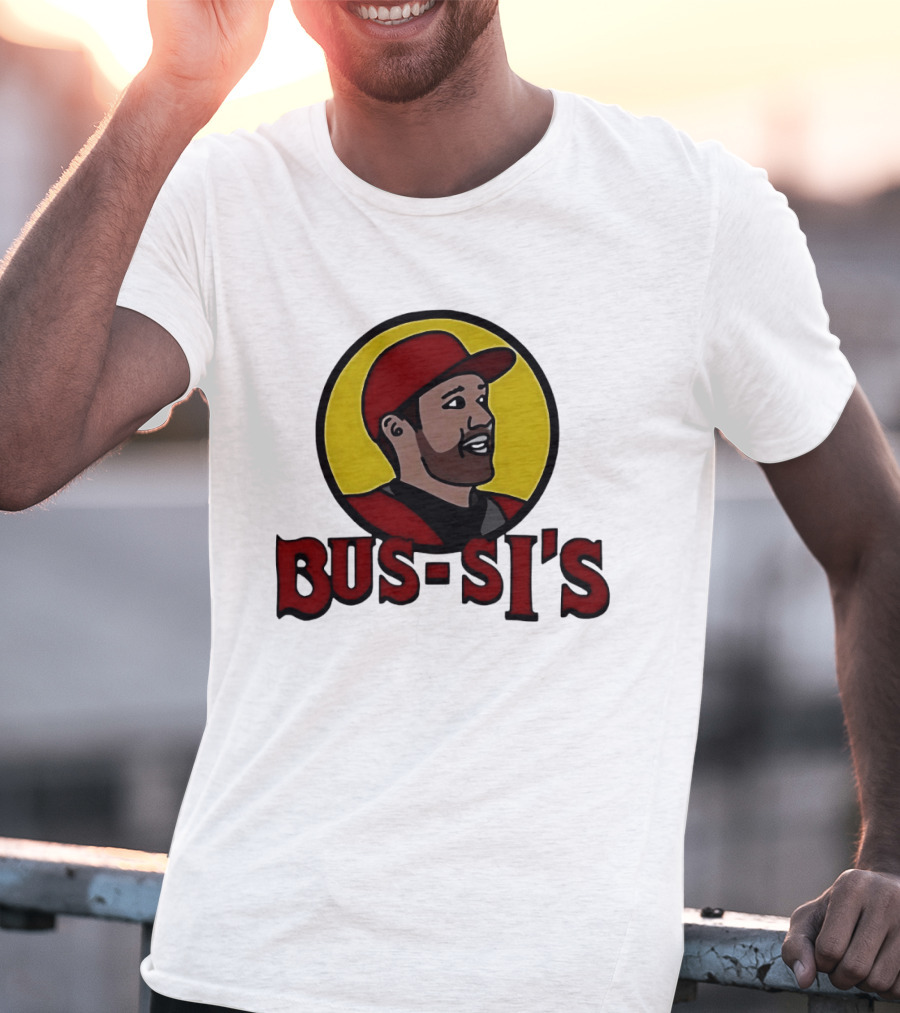Bus Si's Baseball Player Cartoon Logo Design White T-Shirt