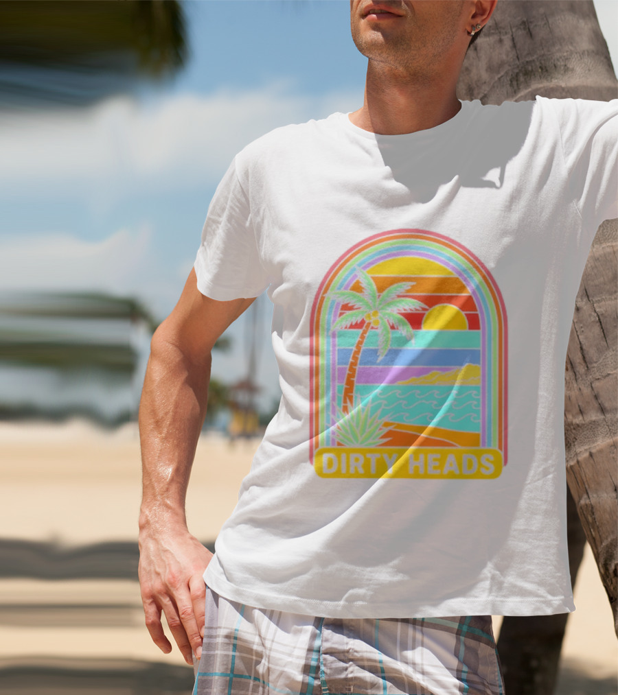 Dirty Heads Tropical Beach Palm Tree Rainbow Arch Sunset T-Shirt