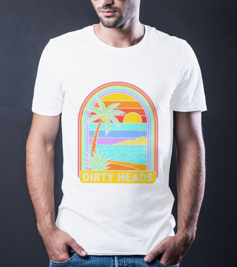 Dirty Heads Tropical Beach Palm Tree Rainbow Arch Sunset T-Shirt