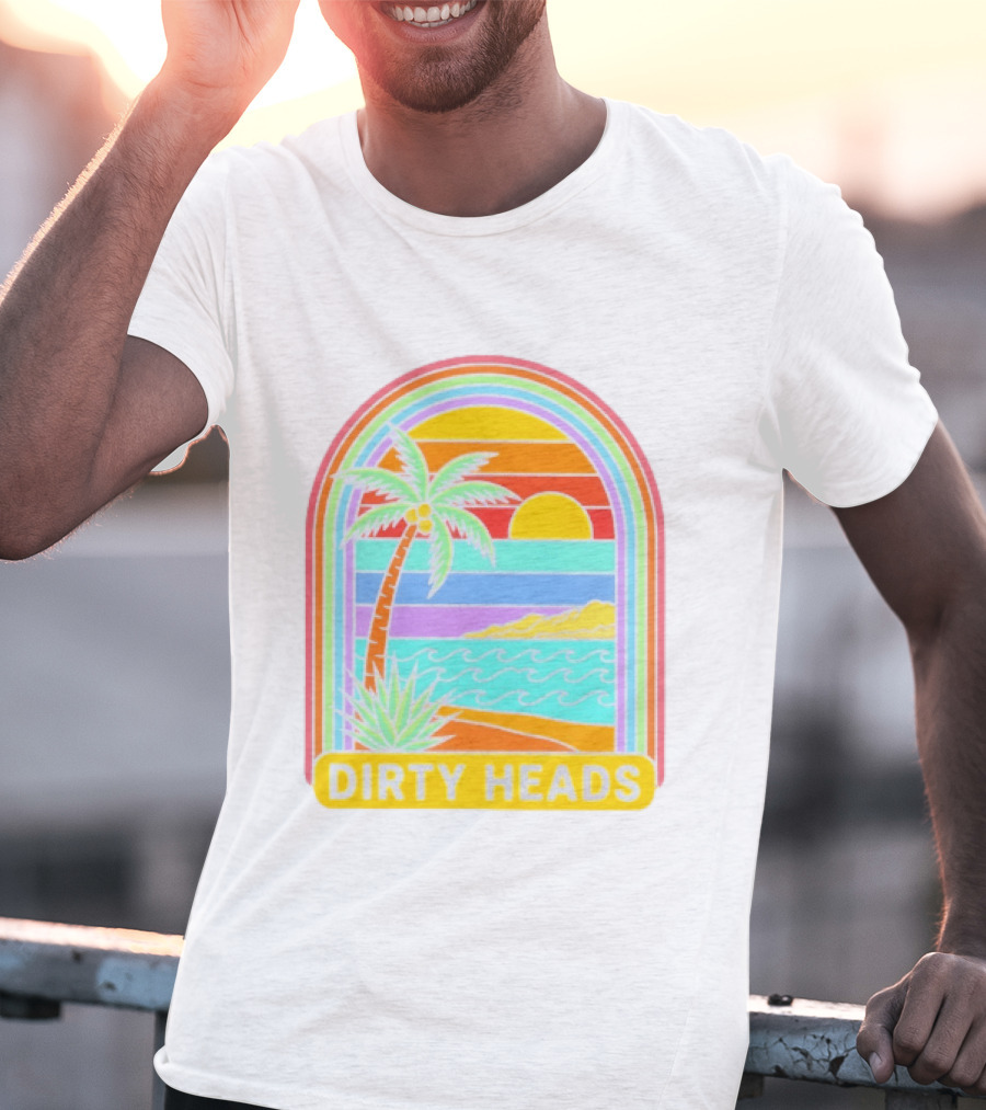 Dirty Heads Tropical Beach Palm Tree Rainbow Arch Sunset T-Shirt