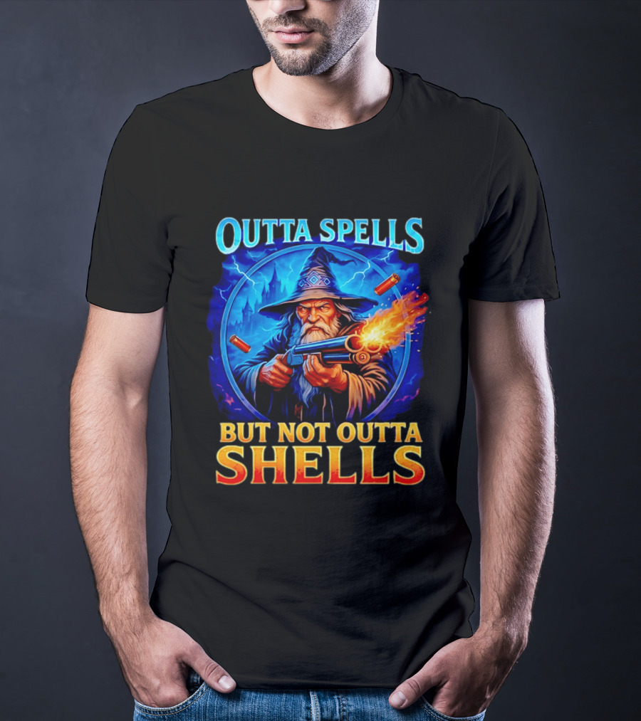 Outta Spells But Not Outta Shells Wizard With Gun Fantasy Humor T-Shirt