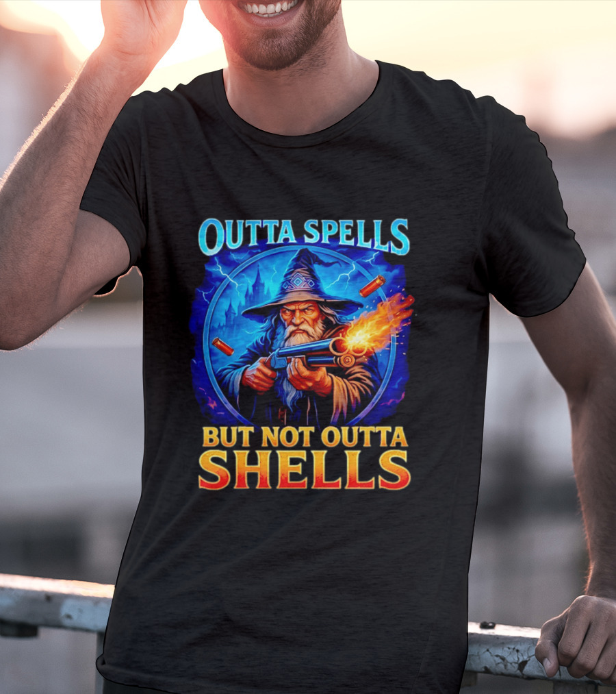 Outta Spells But Not Outta Shells Wizard With Gun Fantasy Humor T-Shirt