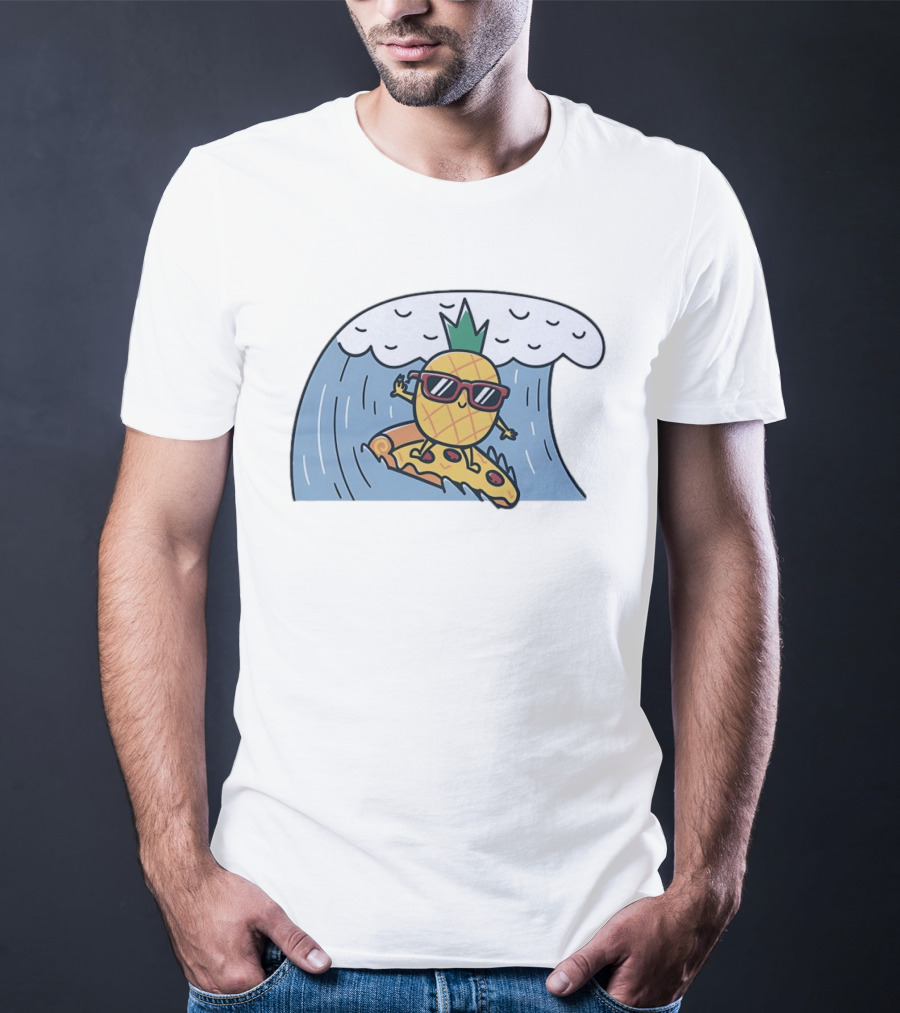Pineapple Surfing On Pizza Slice Ocean Wave With Sunglasses Cartoon T-Shirt