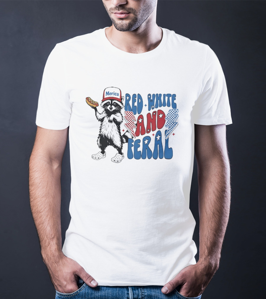Red White And Feral Raccoon Hotdog Merica Cap Lightning Bolts Patriotic T-Shirt