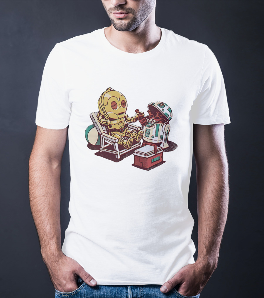 Stay Buddy Two Robots Relaxing Beach Chair Sci Fi Humor T-Shirt