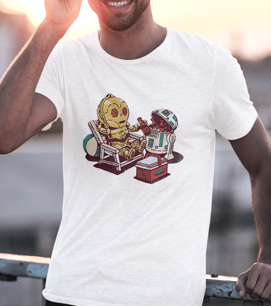 Stay Buddy Two Robots Relaxing Beach Chair Sci Fi Humor T-Shirt