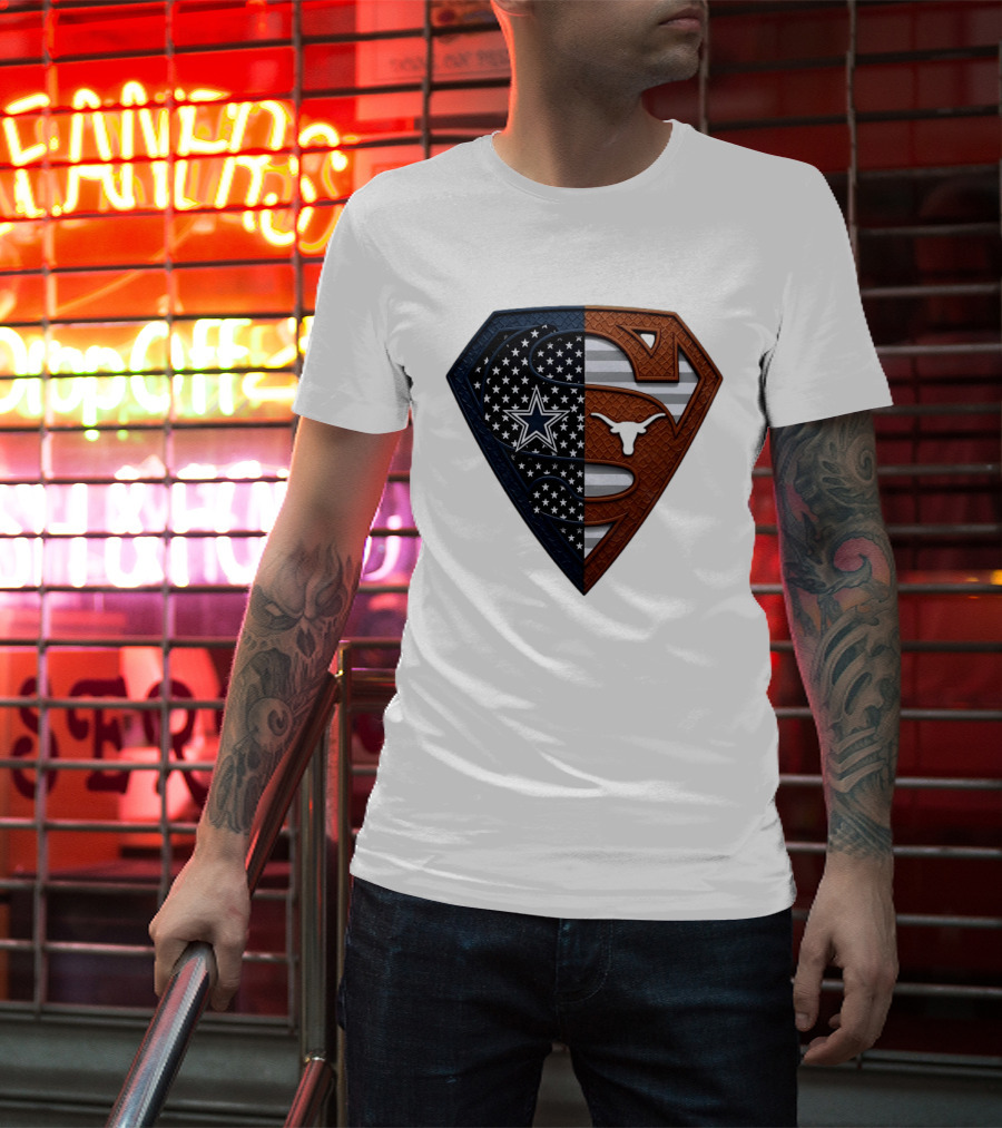 Dallas Cowboys Texas Longhorns Superman Shield Split Dual Icon Emblems T-Shirt
