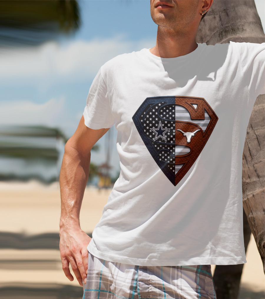 Dallas Cowboys Texas Longhorns Superman Shield Split Dual Icon Emblems T-Shirt
