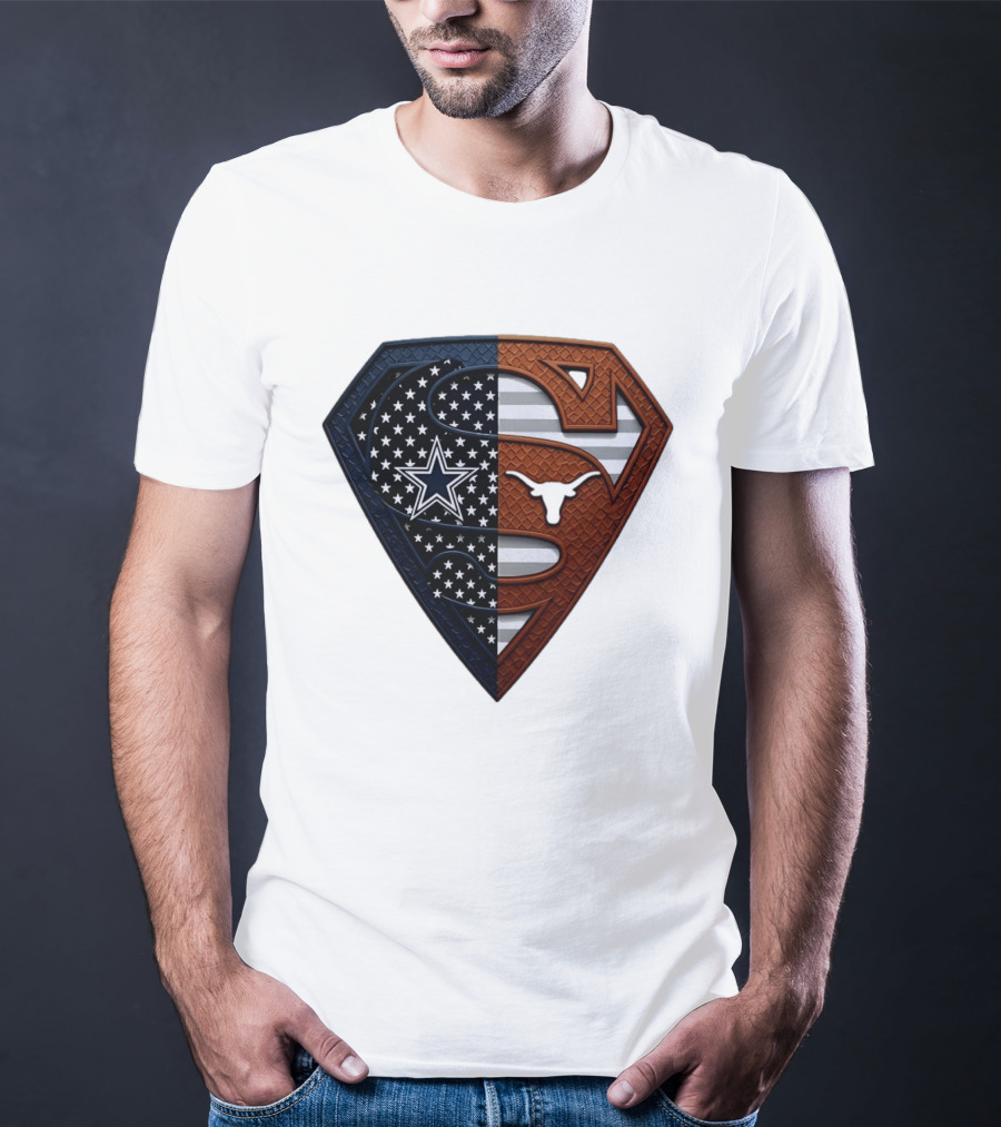 Dallas Cowboys Texas Longhorns Superman Shield Split Dual Icon Emblems T-Shirt