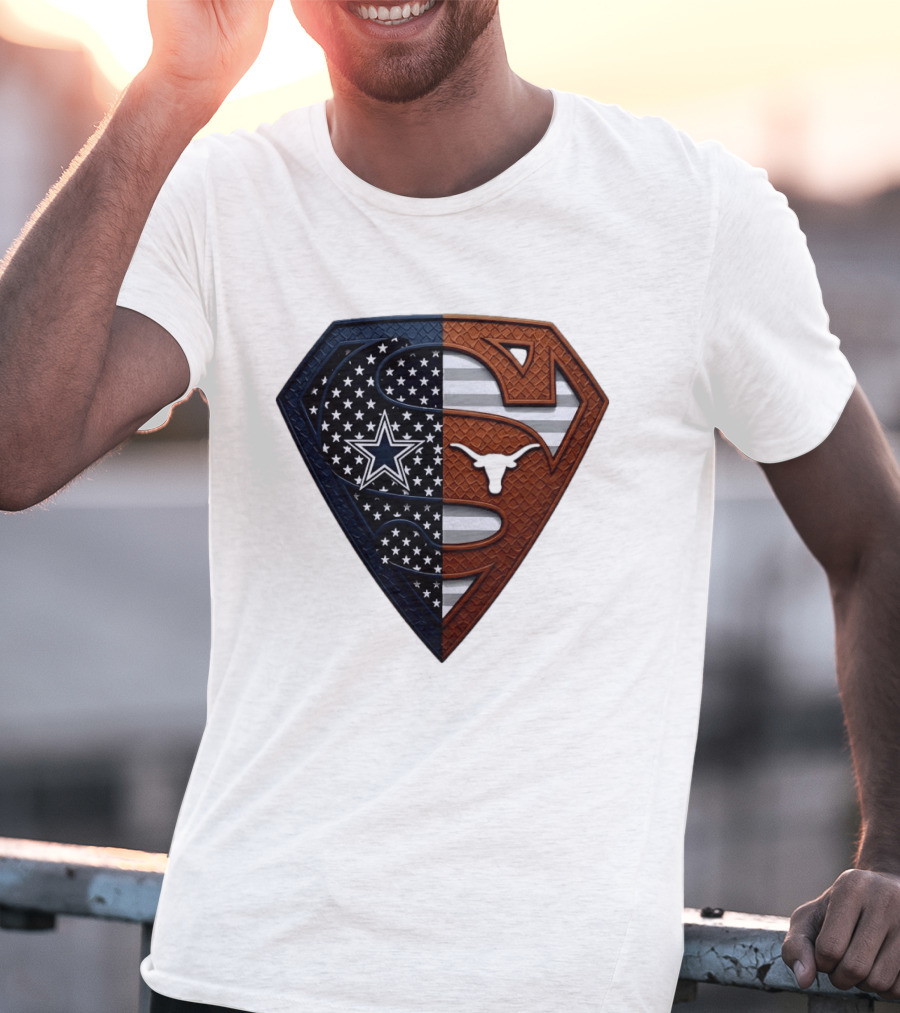 Dallas Cowboys Texas Longhorns Superman Shield Split Dual Icon Emblems T-Shirt