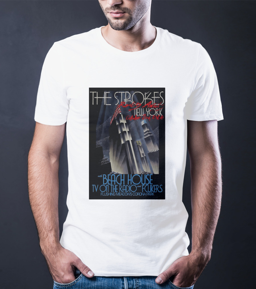 The Strokes New York Concert October 2026 Flushing Meadows Corona Park With Beach House TV On The Radio Fcukers Deco Cityscape T-Shirt