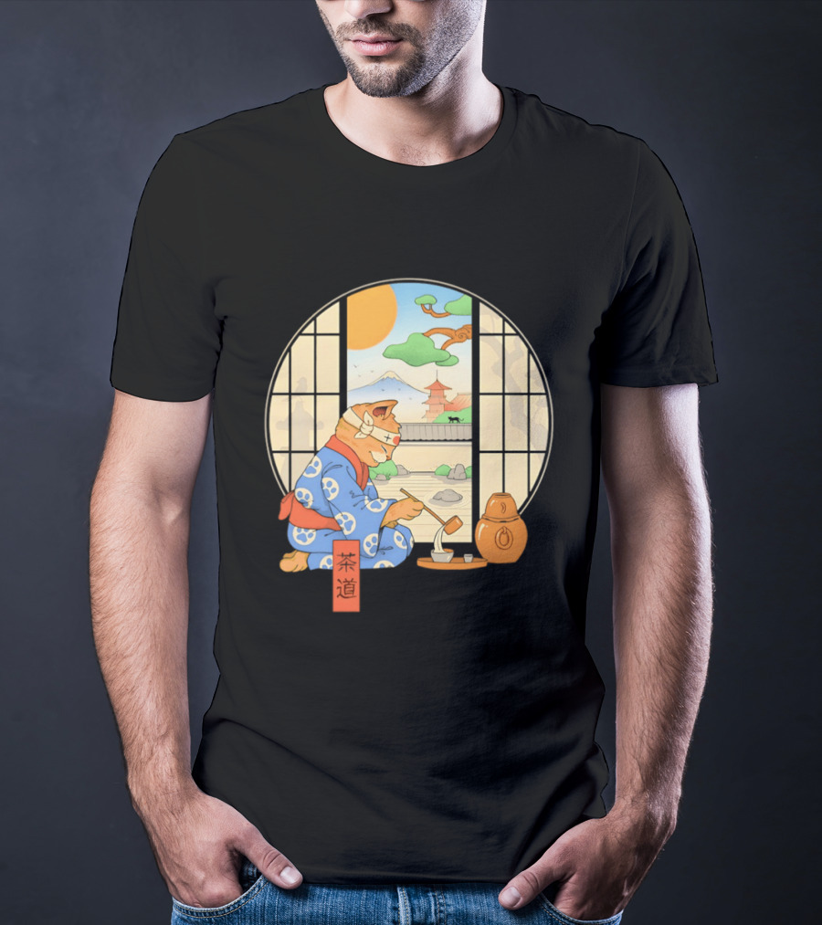 Ukiyo E Style Cat Tea Ceremony With Japanese Landscape T-Shirt