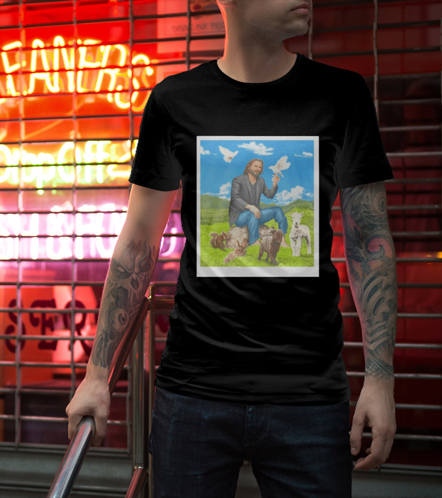 Keanu Reeves Surrounded By Animals In Peaceful Steppe Landscape T-Shirt