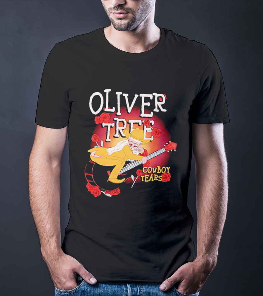 Oliver Tree Cowboy Tears Cartoon Character With Roses And Guitar T-Shirt