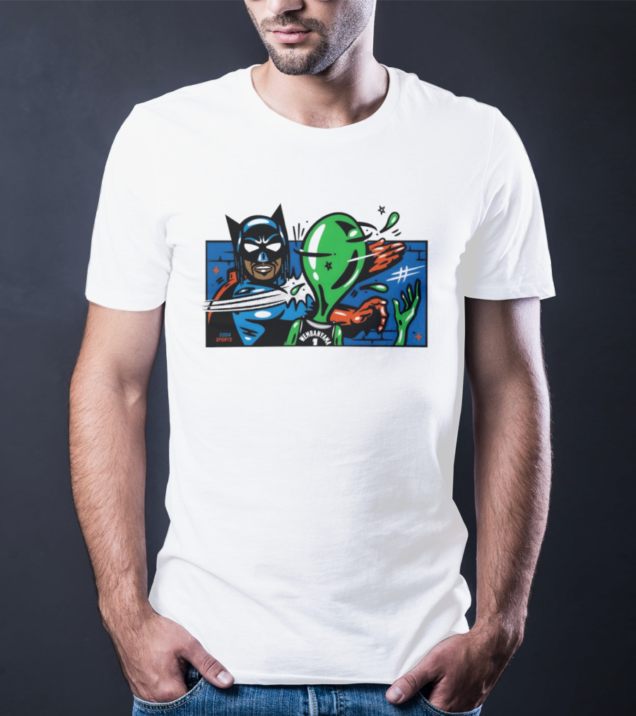 Batman Slapping Alien Knicks Beat Spurs NBA Final 2026 Soda Sports T-Shirt
