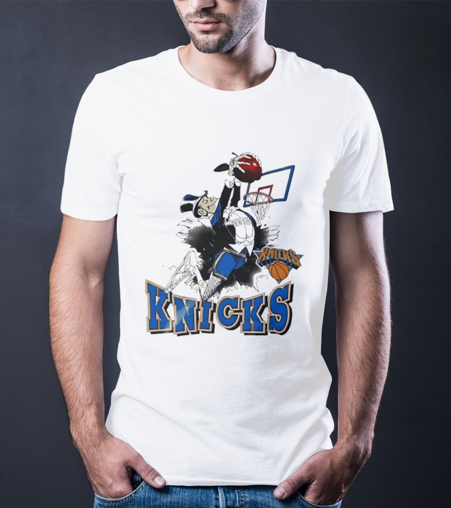 New York Knicks Dunking Red Apple Knicks Text Blue Basketball T-Shirt