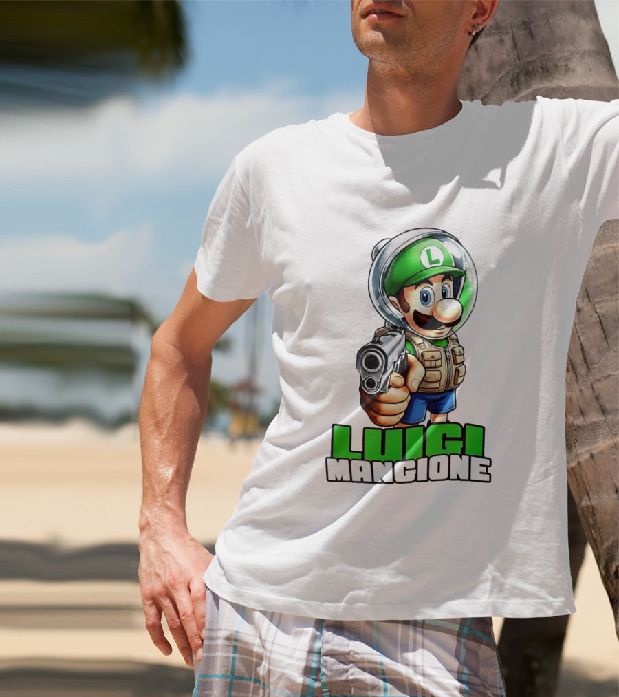 Luigi Mangione Super Mario Green Hat Gun Image T-Shirt