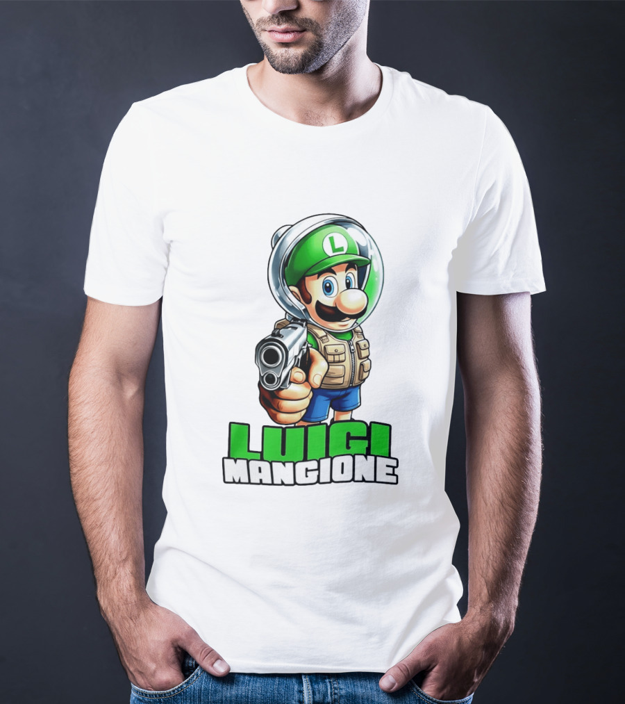 Luigi Mangione Super Mario Green Hat Gun Image T-Shirt