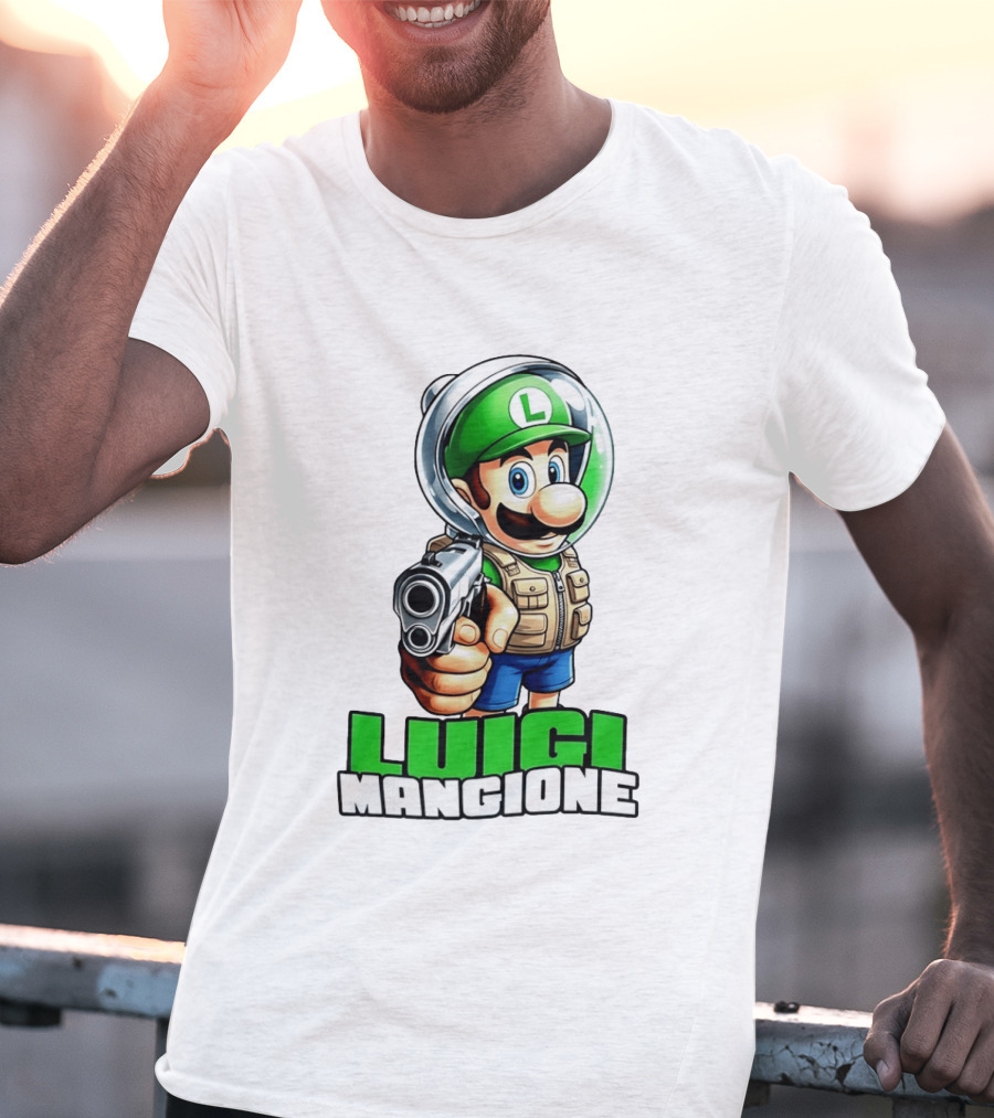 Luigi Mangione Super Mario Green Hat Gun Image T-Shirt