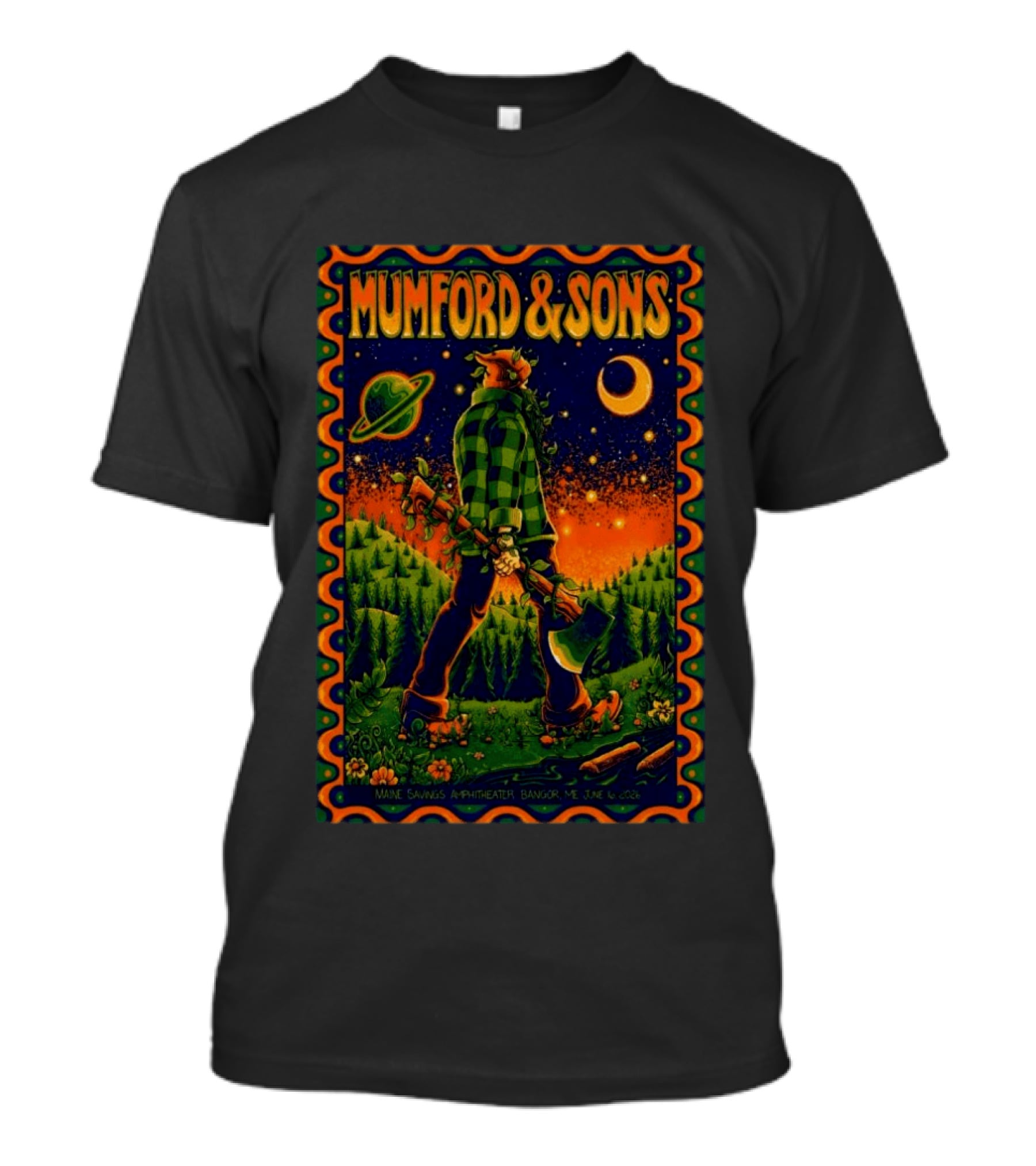 Mumford And Sons Maine Savings Amphitheater Bangor ME June 16 2026 Concert Planet And Moon Lumberjack T-Shirt