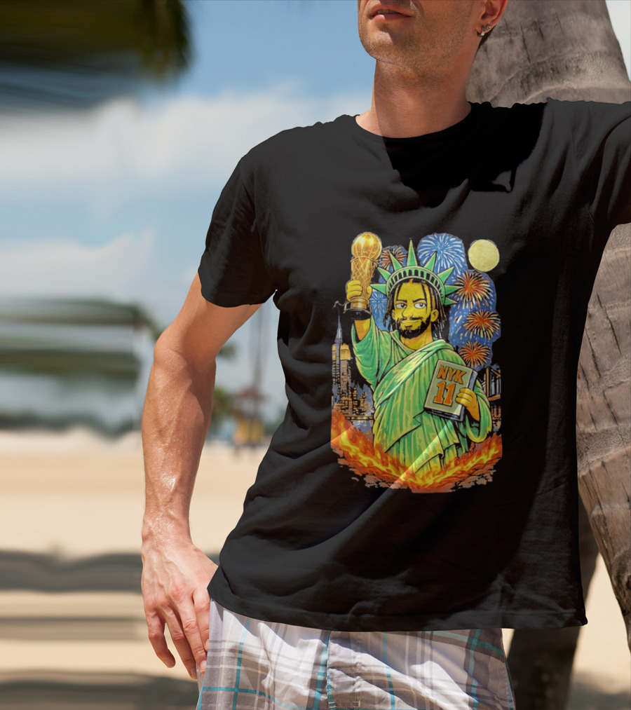New York Knicks Jalen Brunson As Statue Of Liberty NYK 11 With Trophy And Fireworks T-Shirt