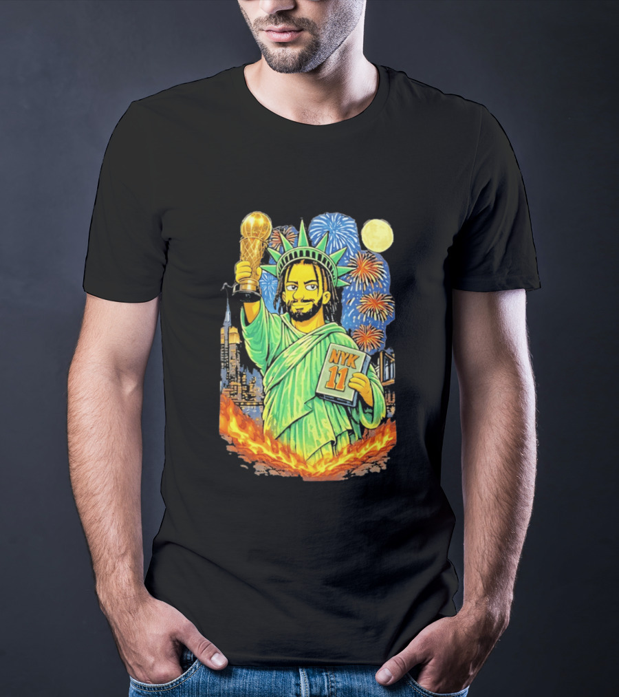 New York Knicks Jalen Brunson As Statue Of Liberty NYK 11 With Trophy And Fireworks T-Shirt