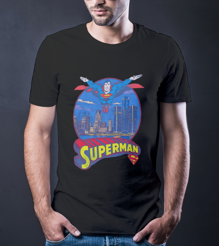 Detroit Superman Jay Towers Motor City Skyline Superman Logo Retro Comic T-Shirt