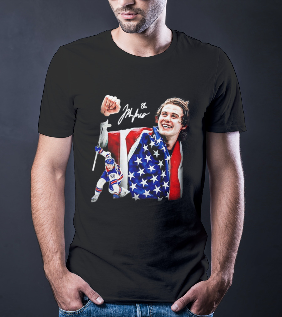 Jack Hughes New Jersey Devils USA Flag 86 Hockey Celebration T-Shirt
