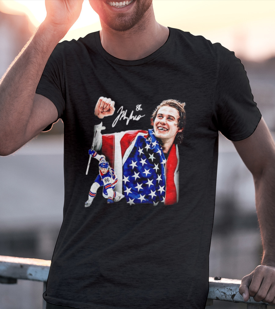 Jack Hughes New Jersey Devils USA Flag 86 Hockey Celebration T-Shirt