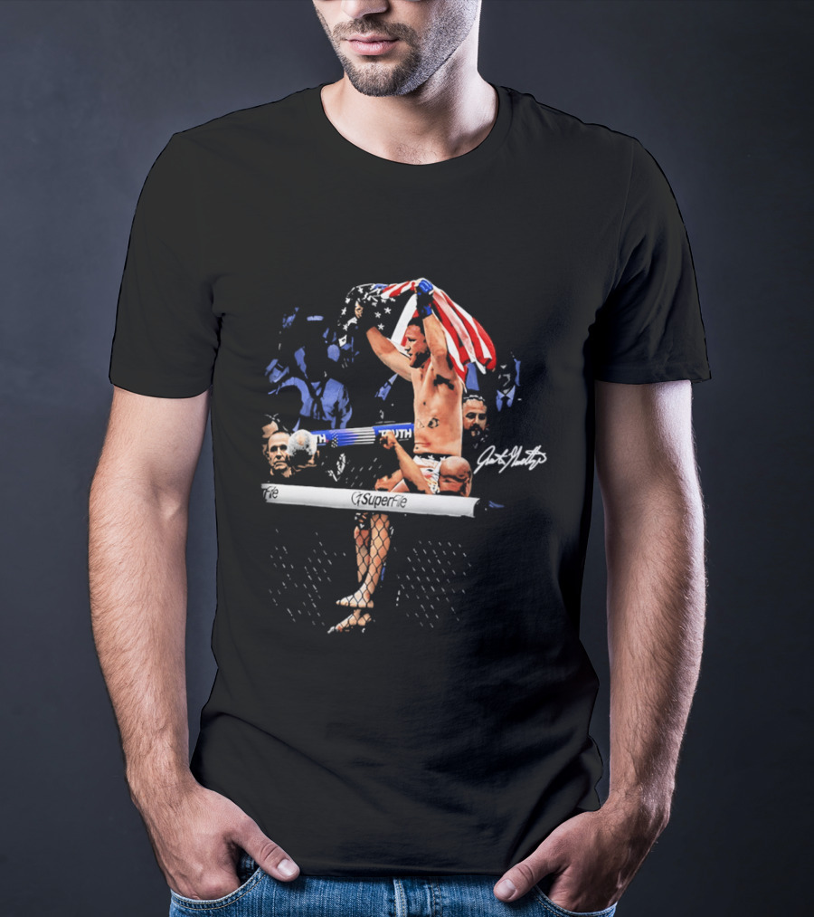 Justin Gaethje Celebrating With American Flag Victory Pose Signature Edition T-Shirt