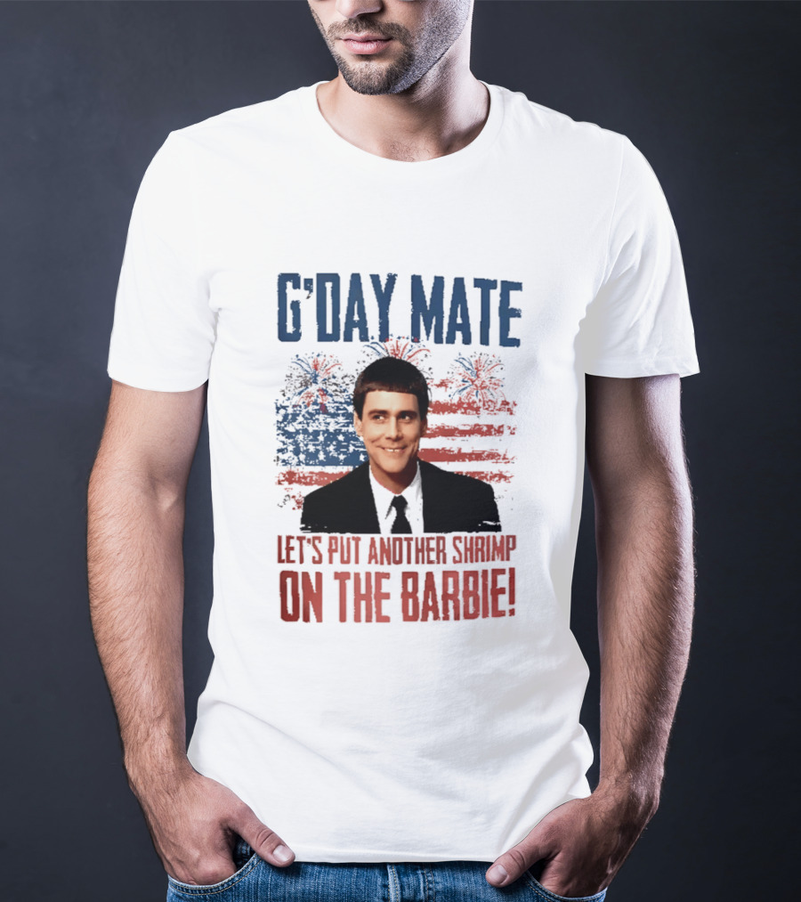 G'Day Mate Let's Put Another Shrimp On The Barbie 4th Of July With Stars And Stripes Fireworks T-Shirt