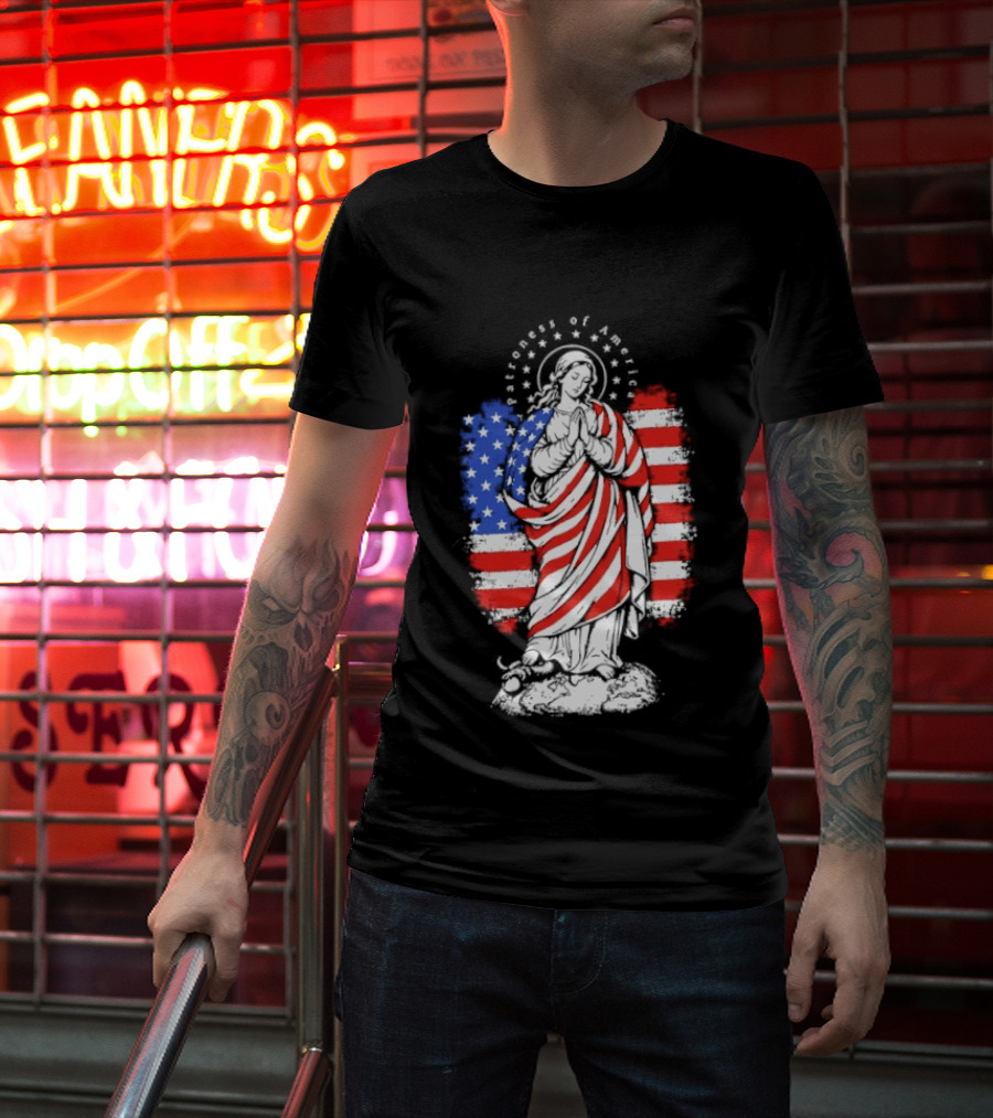 Blessed Virgin Mary Patroness Of The USA With American Flag Colors Catholic T-Shirt