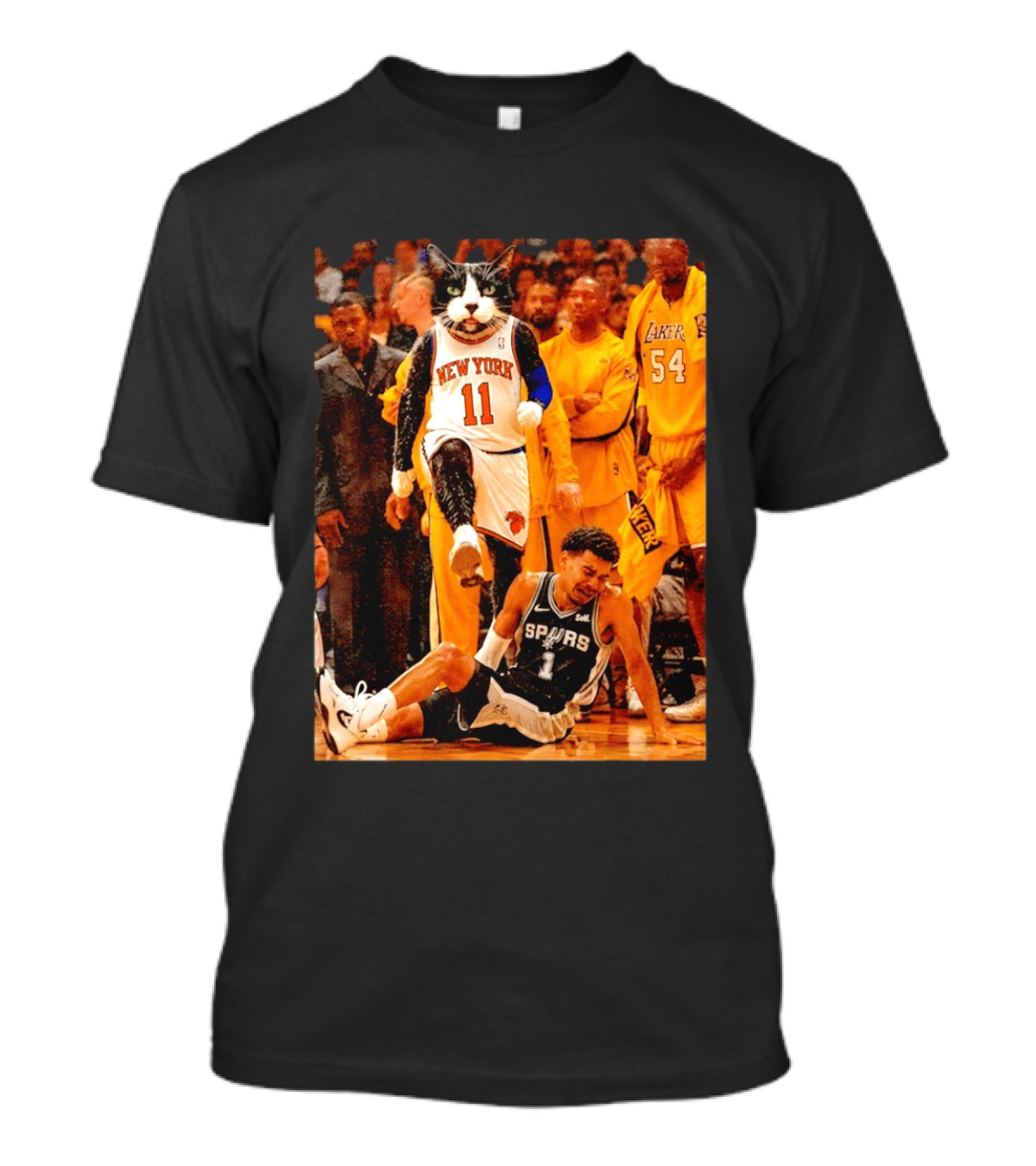 New York Knicks 11 Cat Dunks On Spurs Player Victor Wembanyama With Crowd And Lakers Players T-Shirt