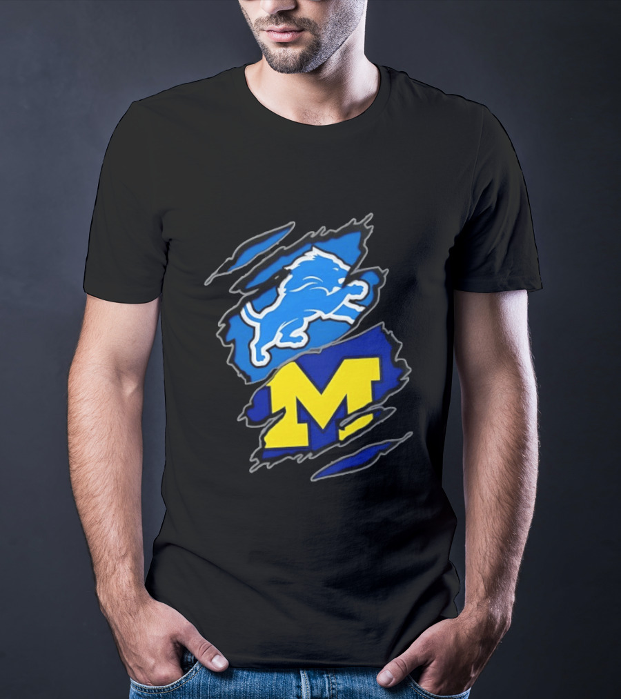 Detroit Lions Michigan Wolverines Two Teams One Heart Scratch T-Shirt