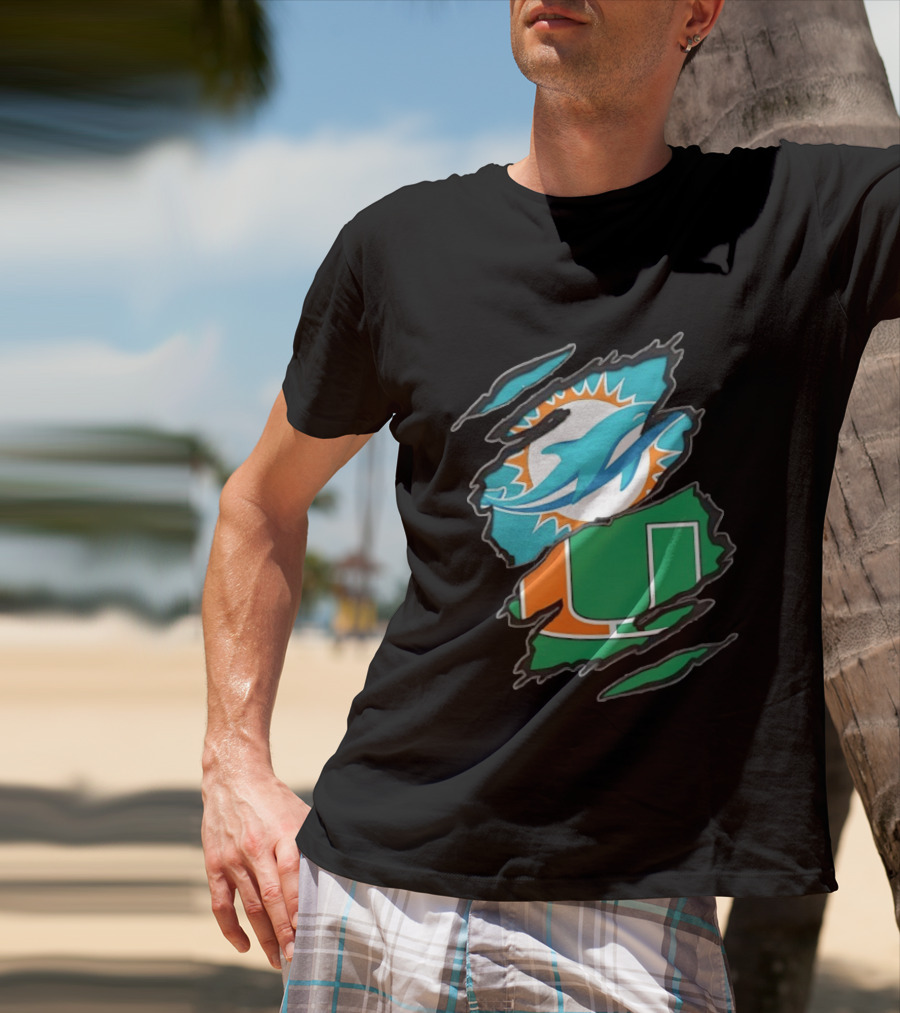 Miami Dolphins And Miami Hurricanes Two Teams One Heart Scratch T-Shirt