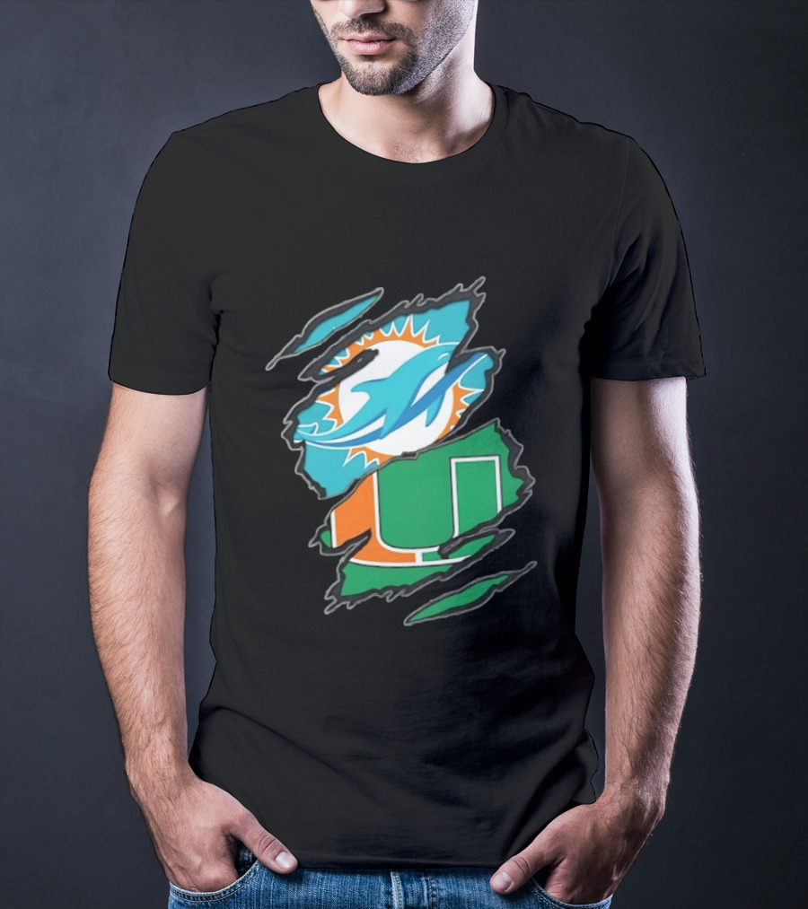 Miami Dolphins And Miami Hurricanes Two Teams One Heart Scratch T-Shirt