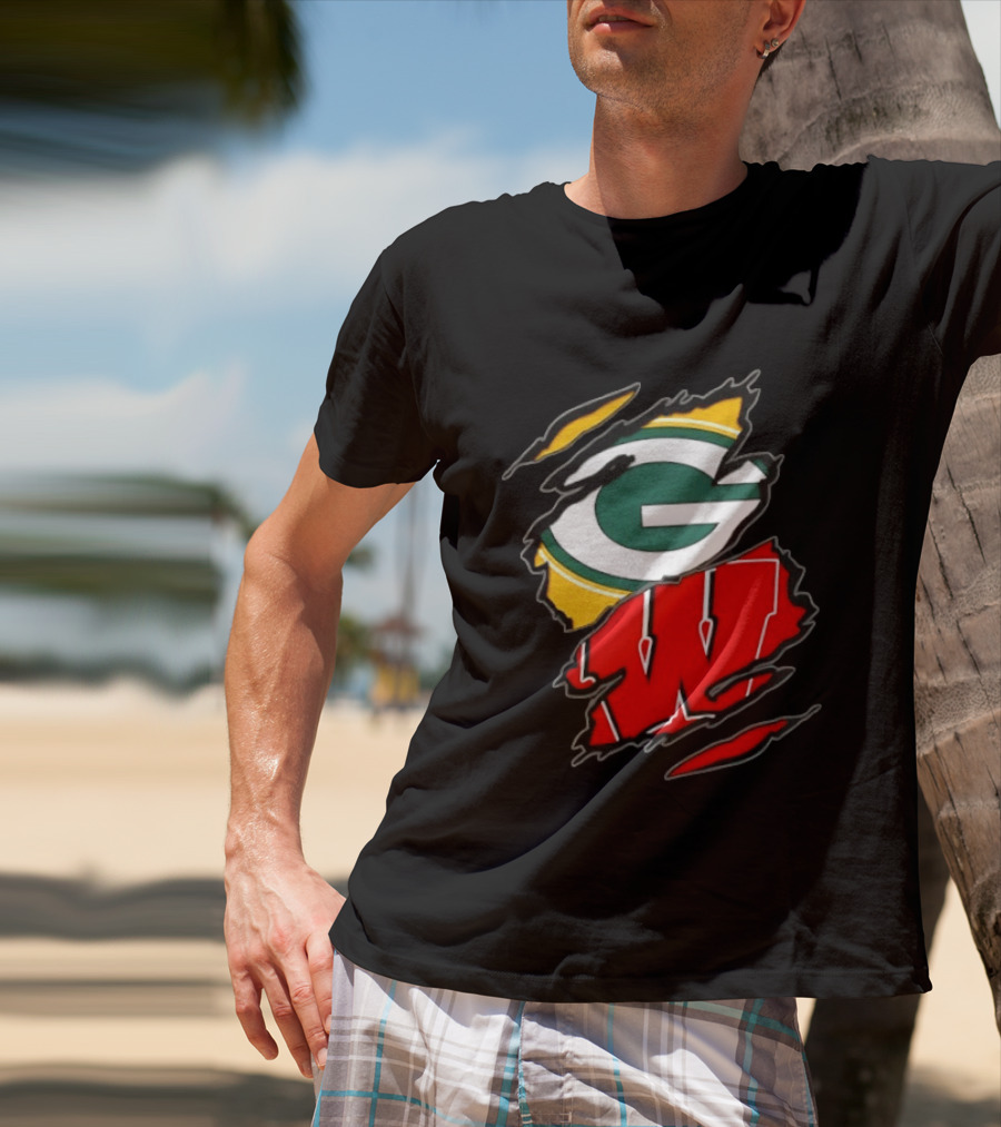Green Bay Packers Wisconsin Badgers Two Teams One Heart Scratch T-Shirt